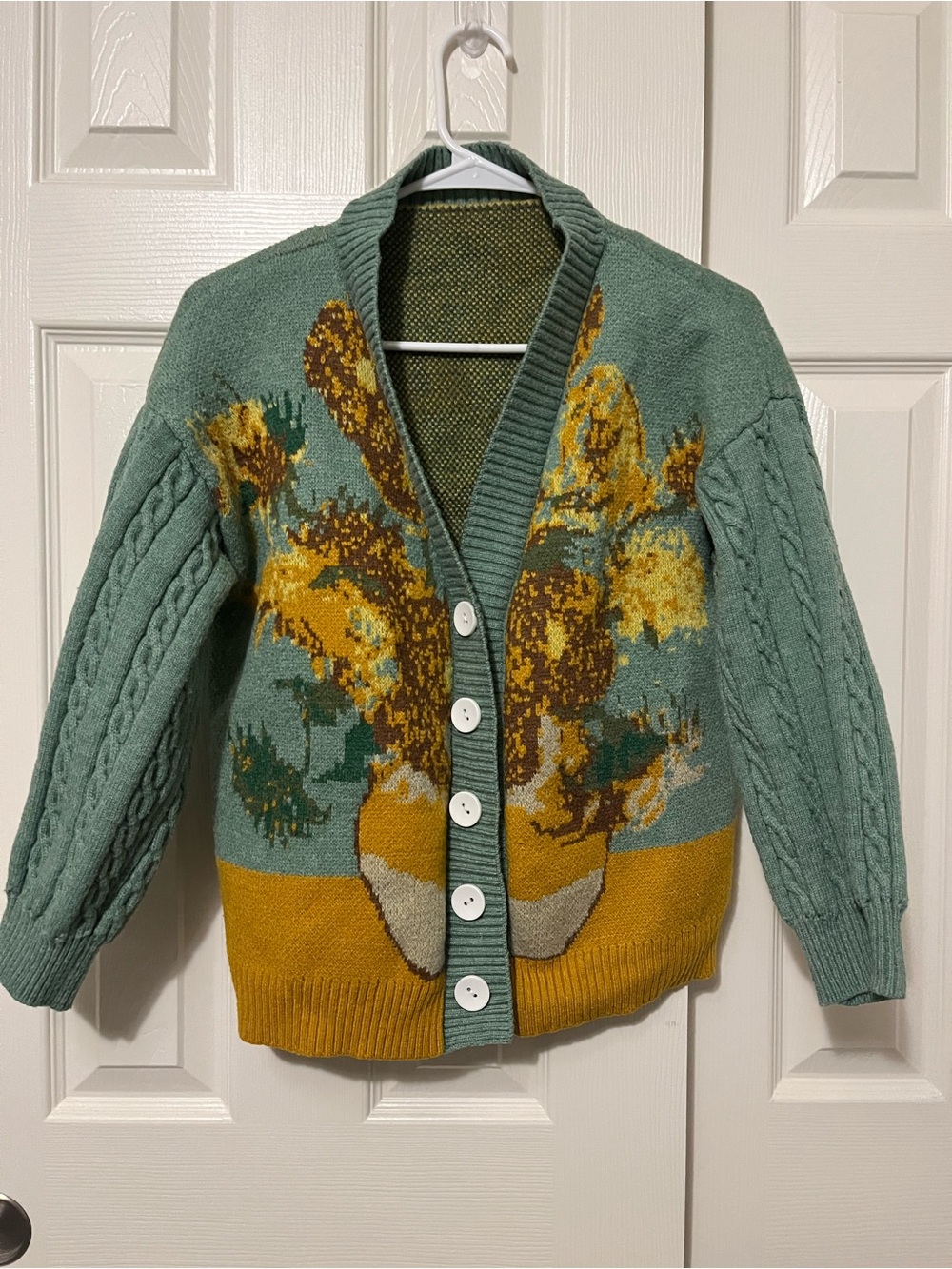 Galartsy Van Gogh Sunflowers Unisex Green & Mustard Floral Knit Cardigan